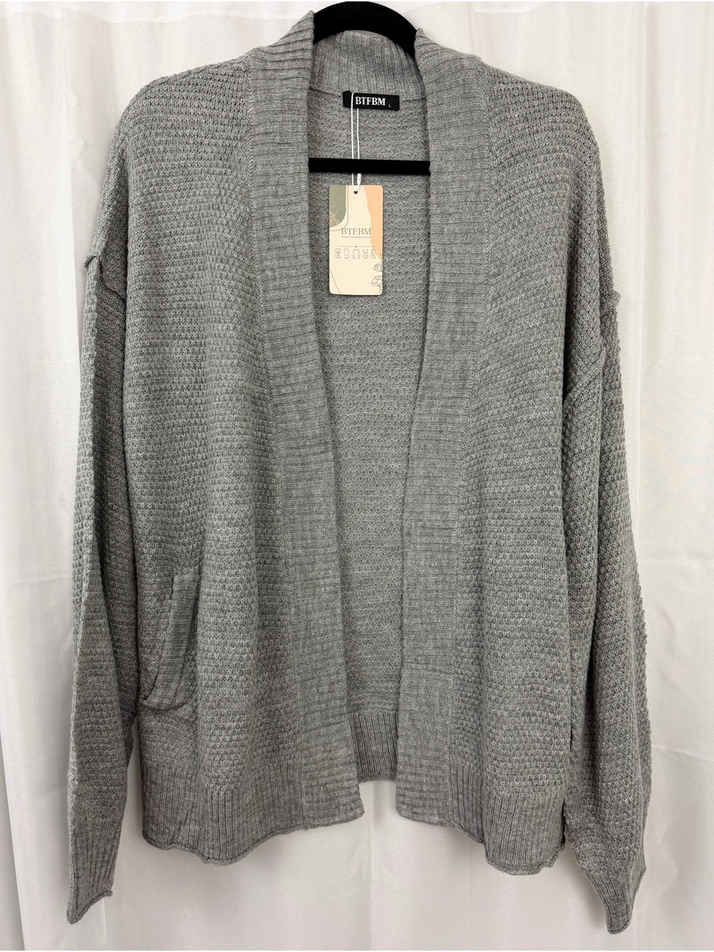 Heather Gray Open-Front Knit Cardigan with exposed seams & pockets Large NWT